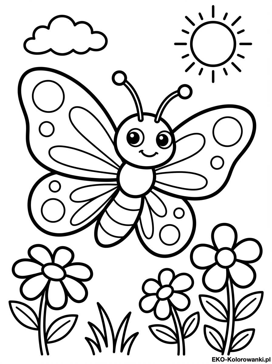 Motyl w faliste paski nad trzema kwiatami