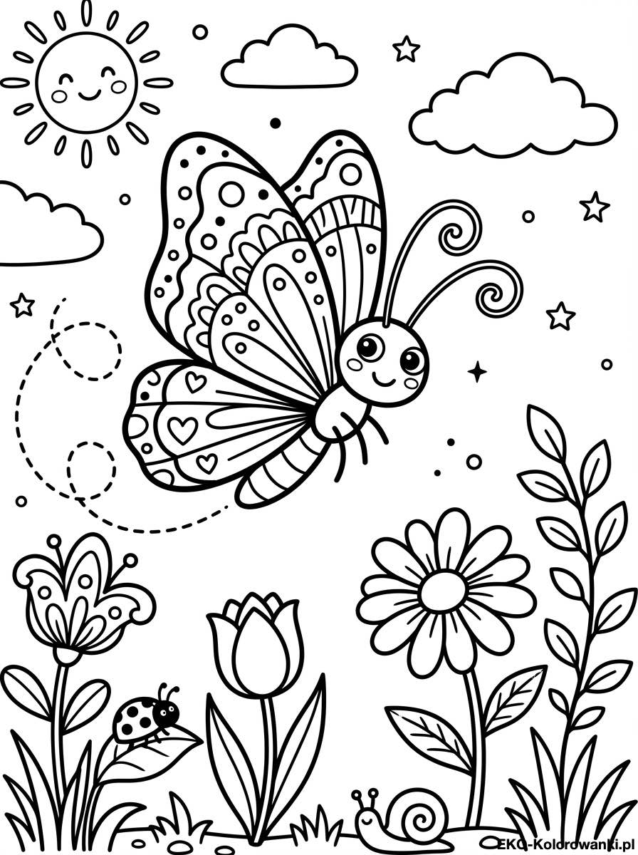 Motyl w gwiazdki nad biedronka i slimakiem