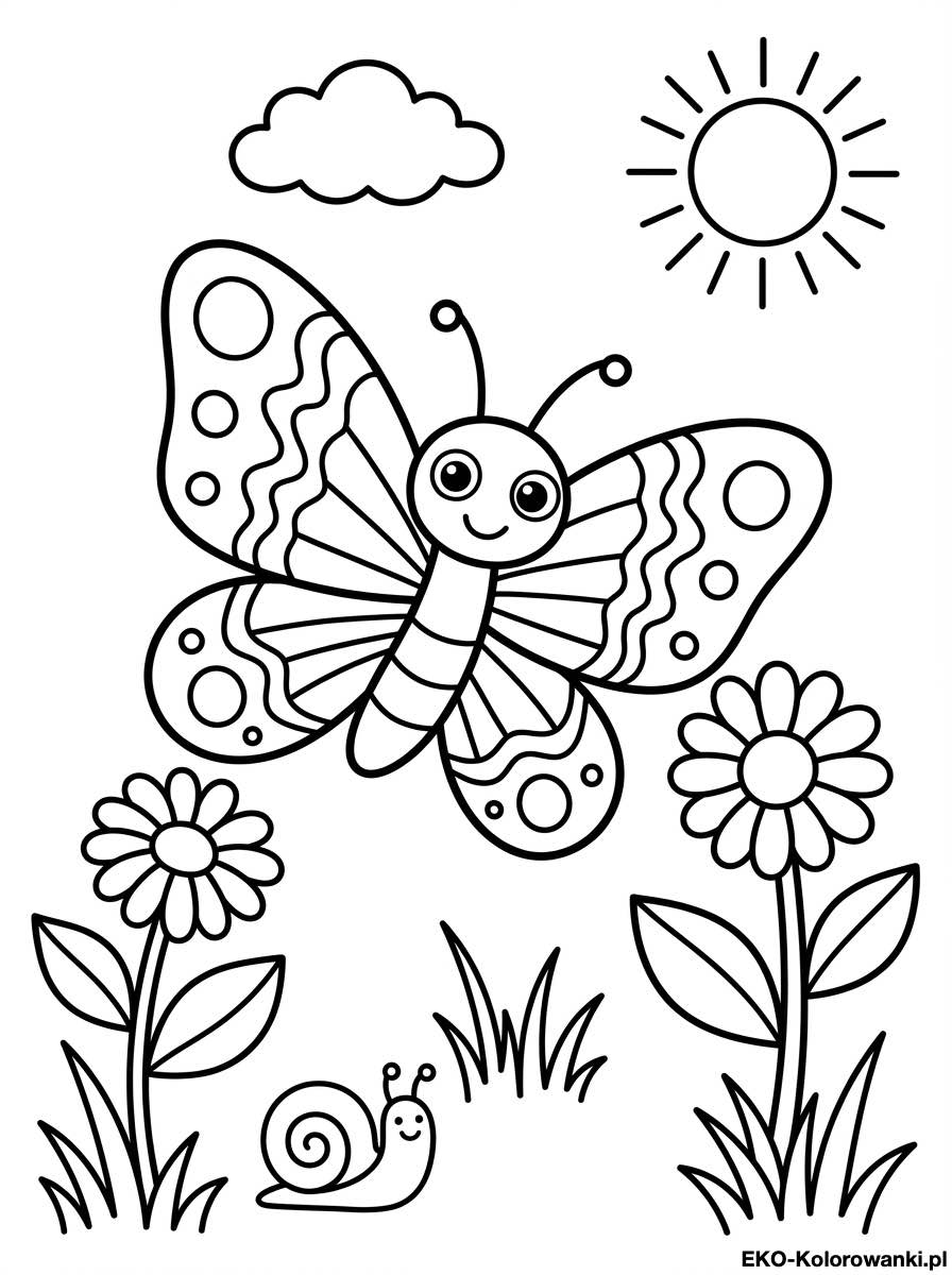Motyl w paski i kropki nad slimakiem w ogrodzie