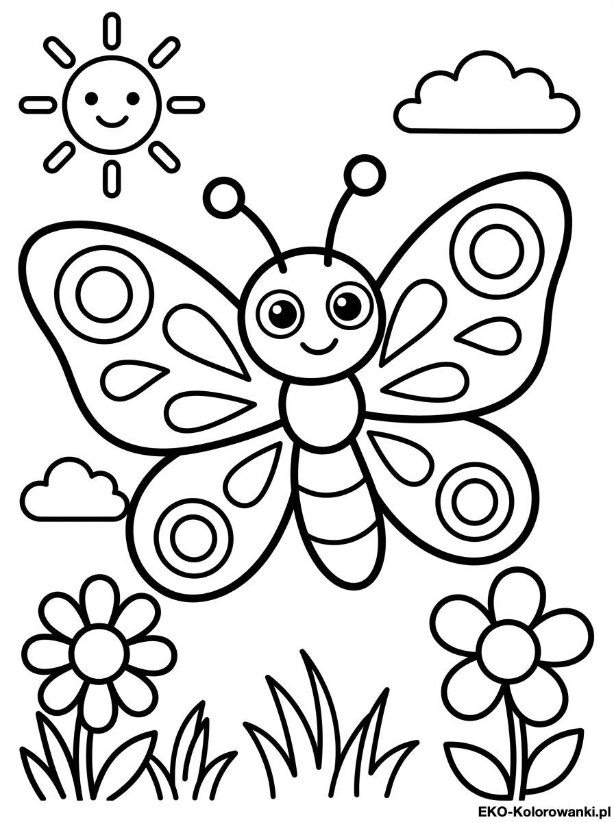 Motyl z kolami i kroplami nad dwoma kwiatami