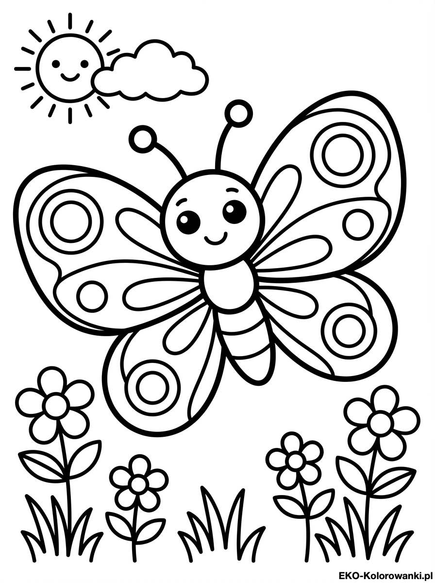 Motyl z okraglymi wzorami nad czterema kwiatami