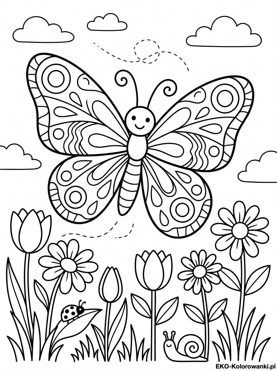 Motyl z okraglymi wzorami nad tulipanami