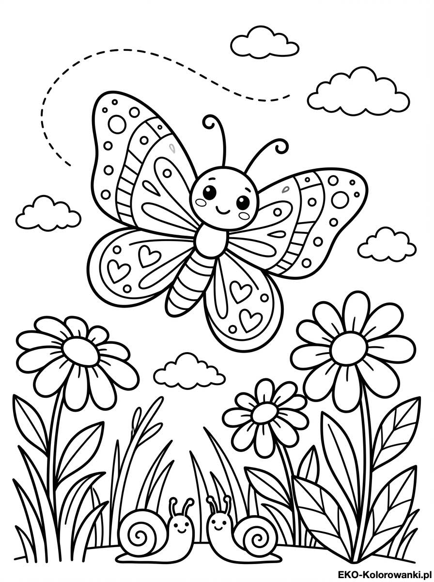 Motyl z sercami nad dwoma slimakami i kwiatami