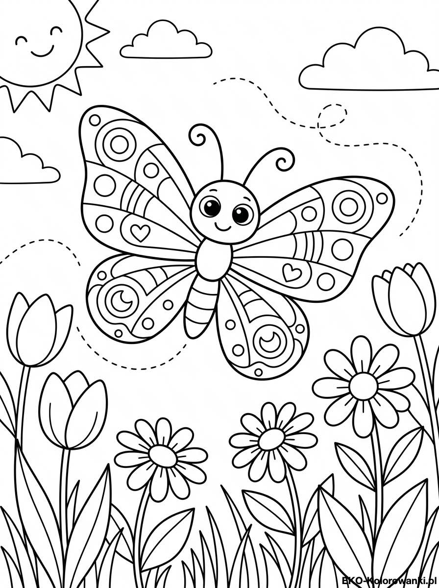 Usmiechniety motyl nad tulipanami i stokrotkami