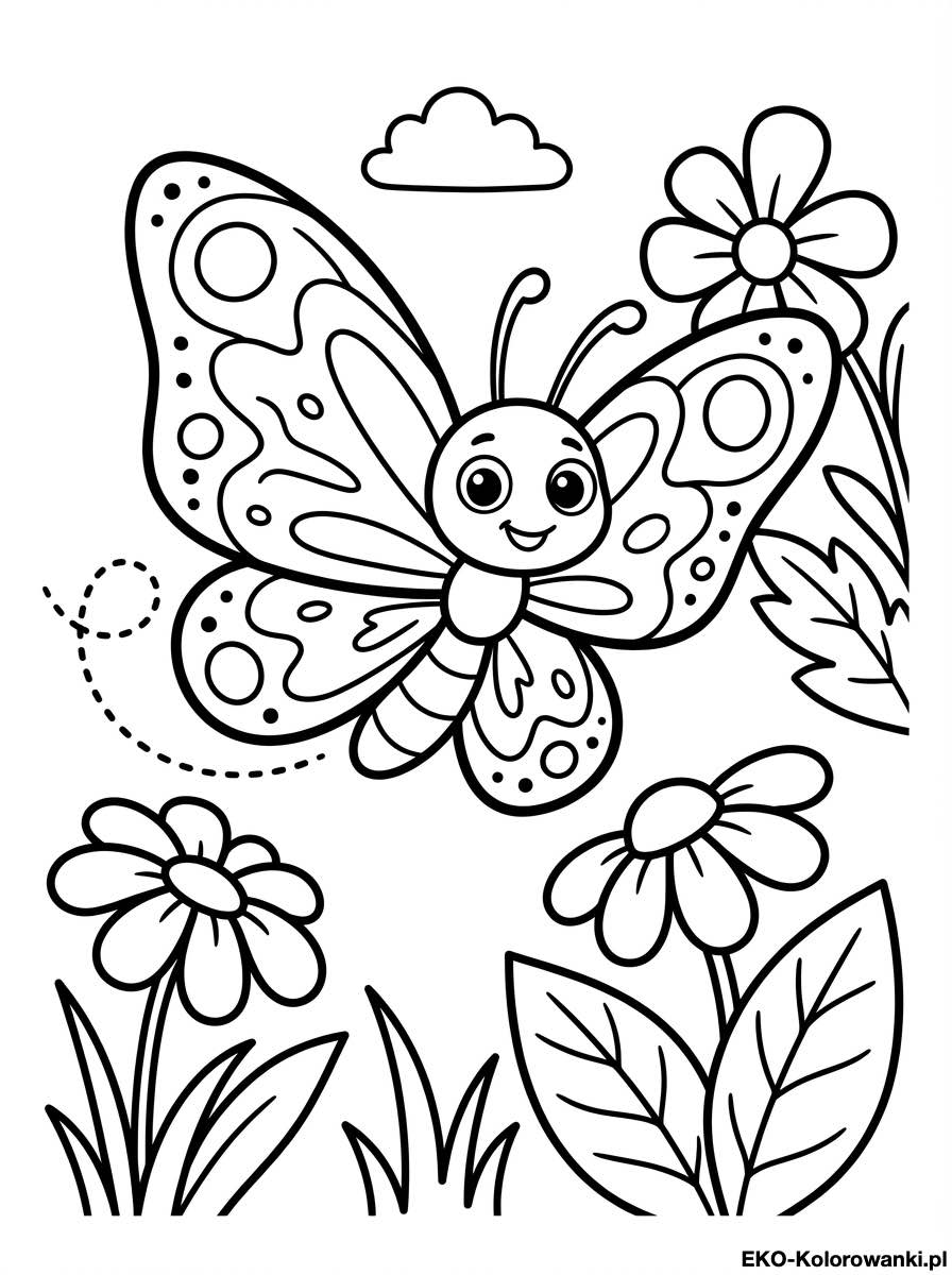 Usmiechniety motyl w kropki nad trzema kwiatami