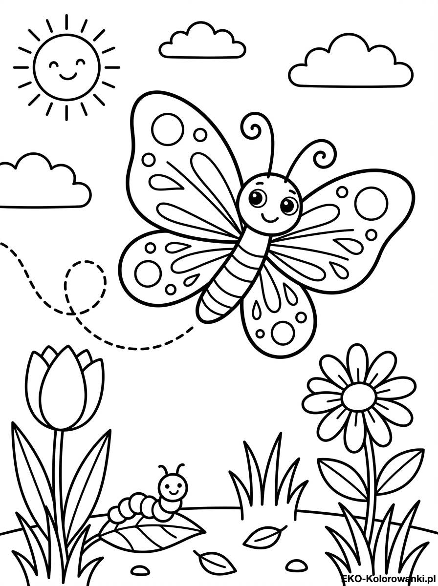 Wesoly motyl nad laka z gasienica