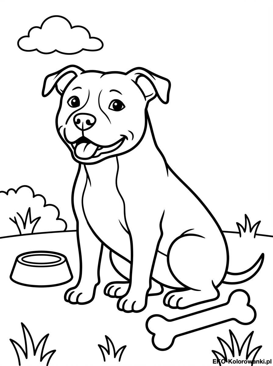 Kolorowanka - Amstaff pod chmura obok miski i kosci