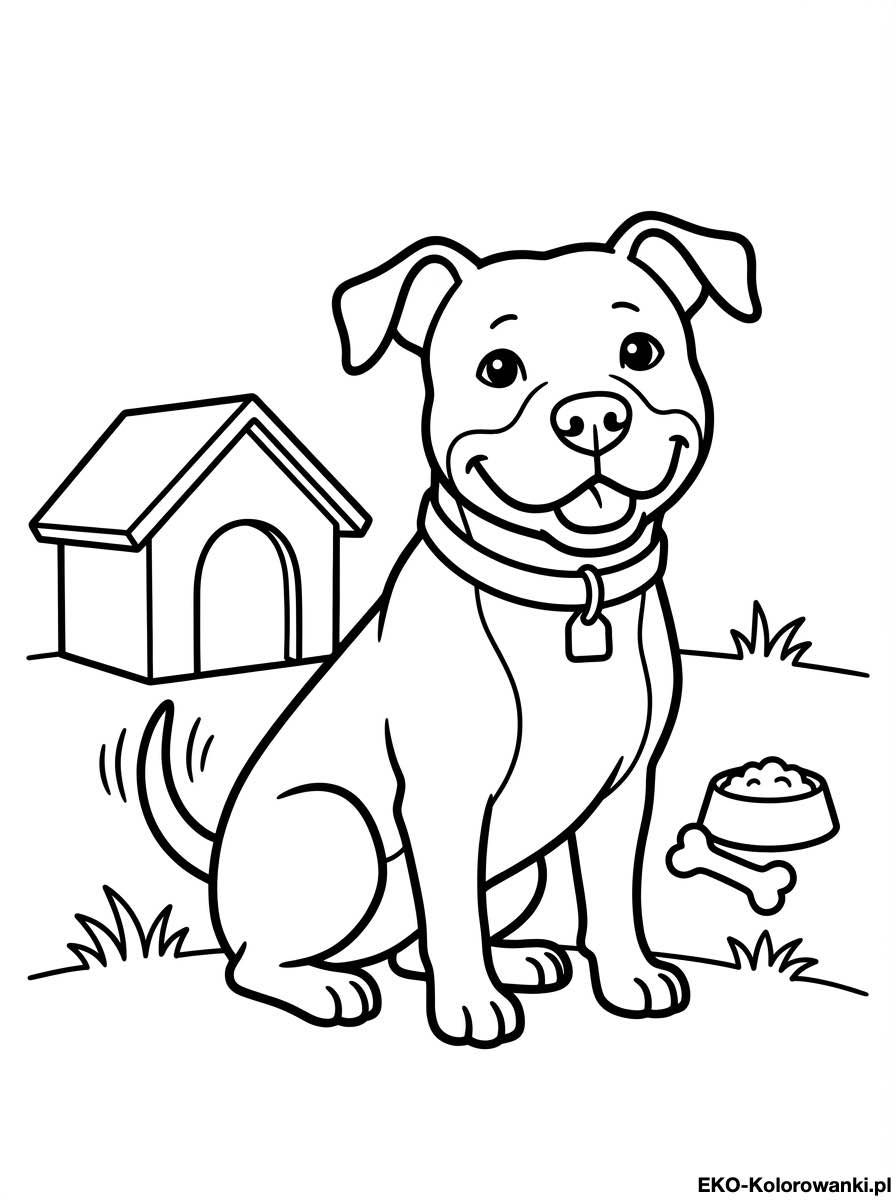 Kolorowanka - Amstaff przed buda obok miski i kosci