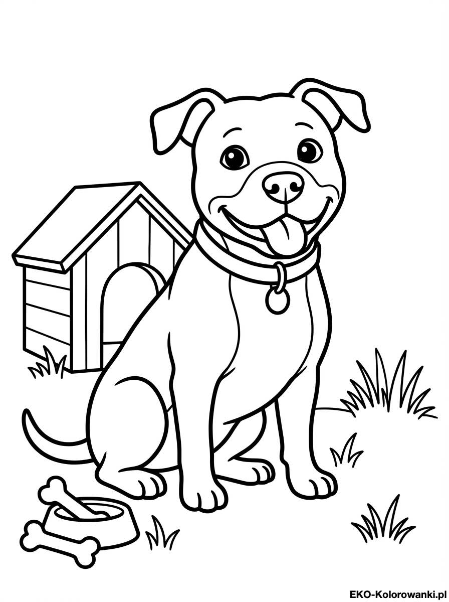 Kolorowanka - Amstaff siedzacy przy budzie i kosci