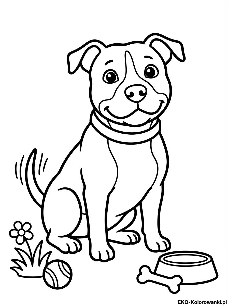 Kolorowanka - Amstaff siedzacy z koscia pilka i miska
