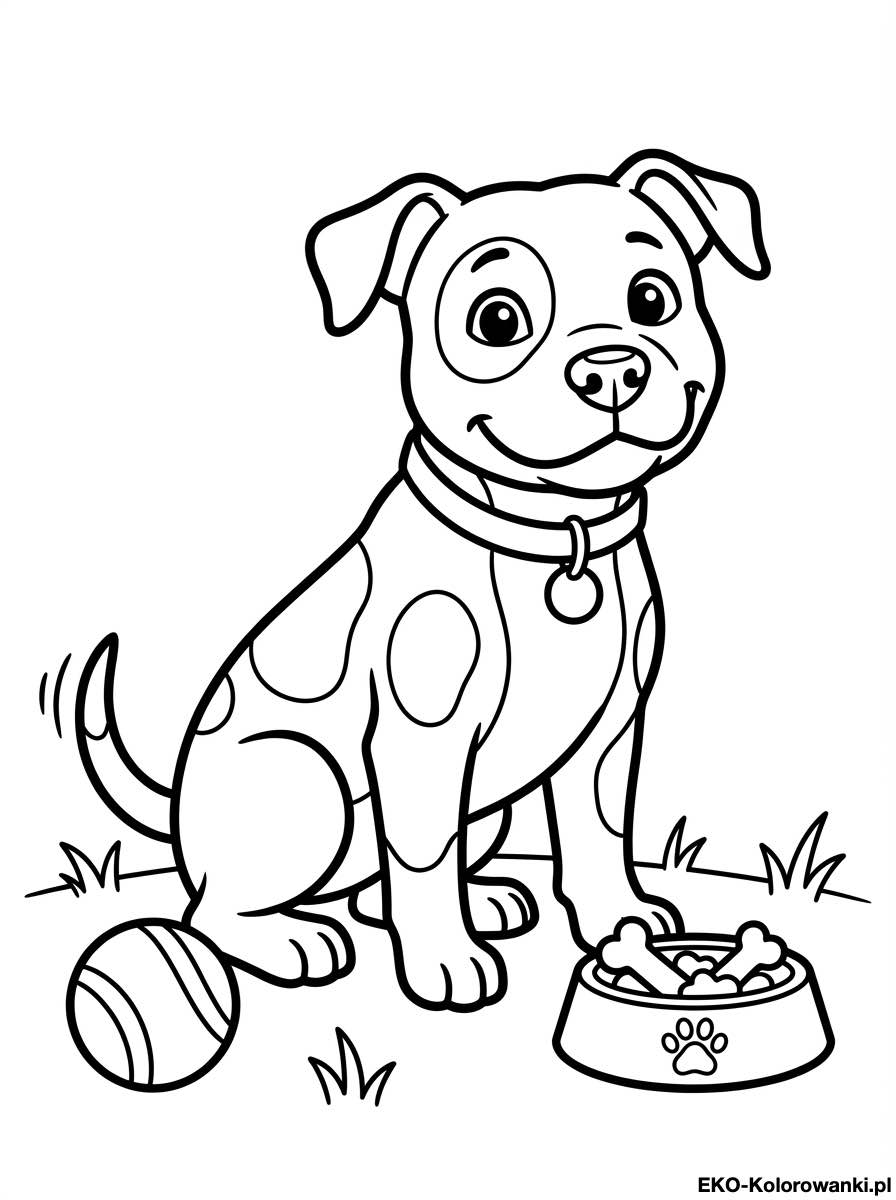 Kolorowanka - Amstaff w latki przy misce z jedzeniem