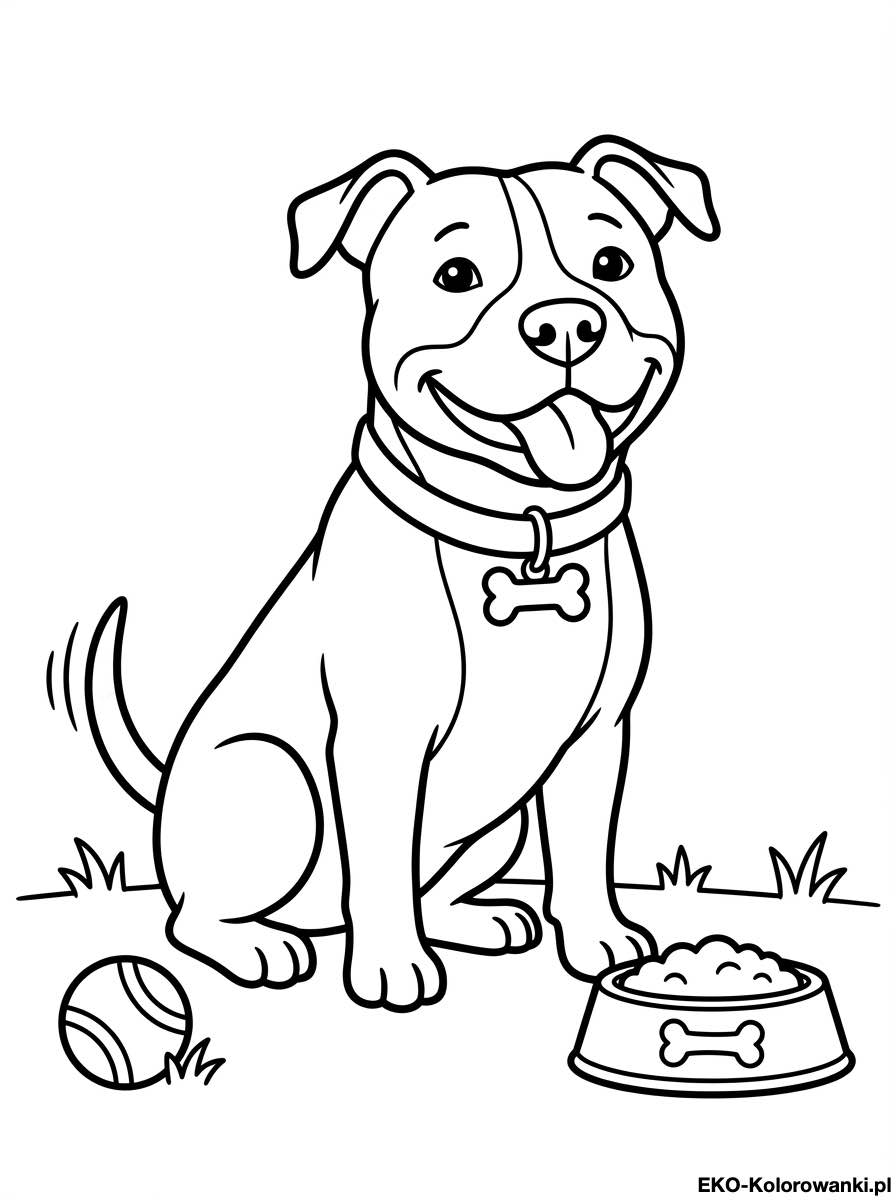 Kolorowanka - Amstaff z medalionem przy misce karmy